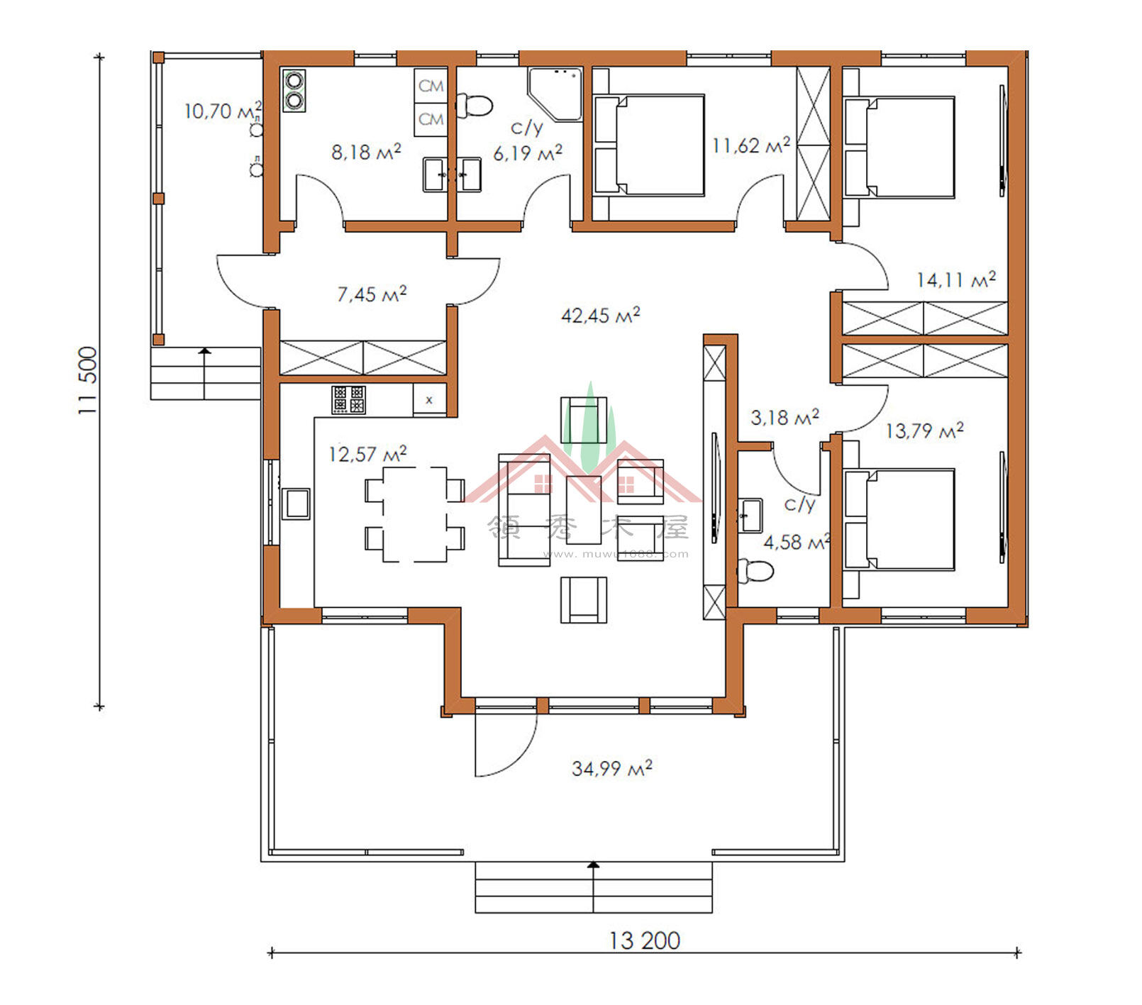三房一廳兩衛(wèi)木屋效果圖方案